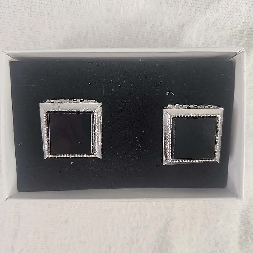 Cufflinks Dante Black Onyx Stone & Textured Silver Tone Finish Simple Vintage